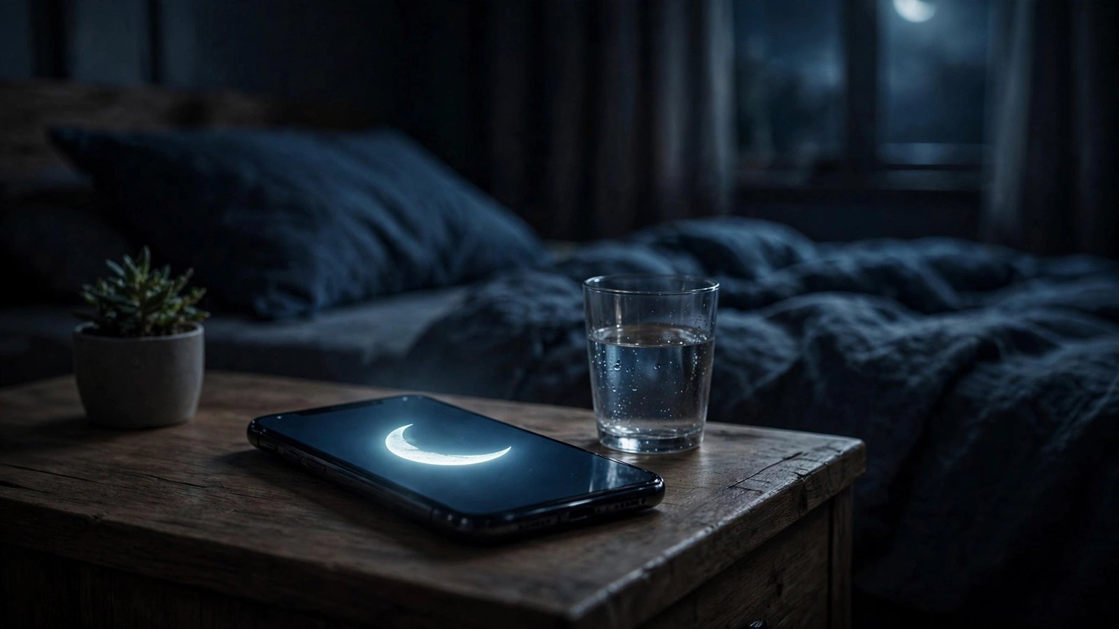 Phone on a nightstand in Do Not Disturb mode in a dark peaceful bedroom