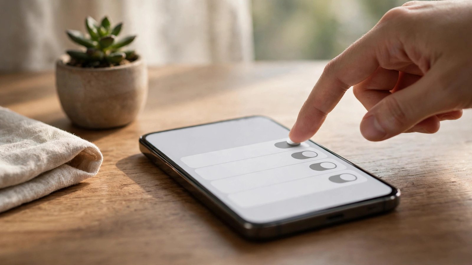 Person turning off app notifications in phone settings on a calm minimal desk