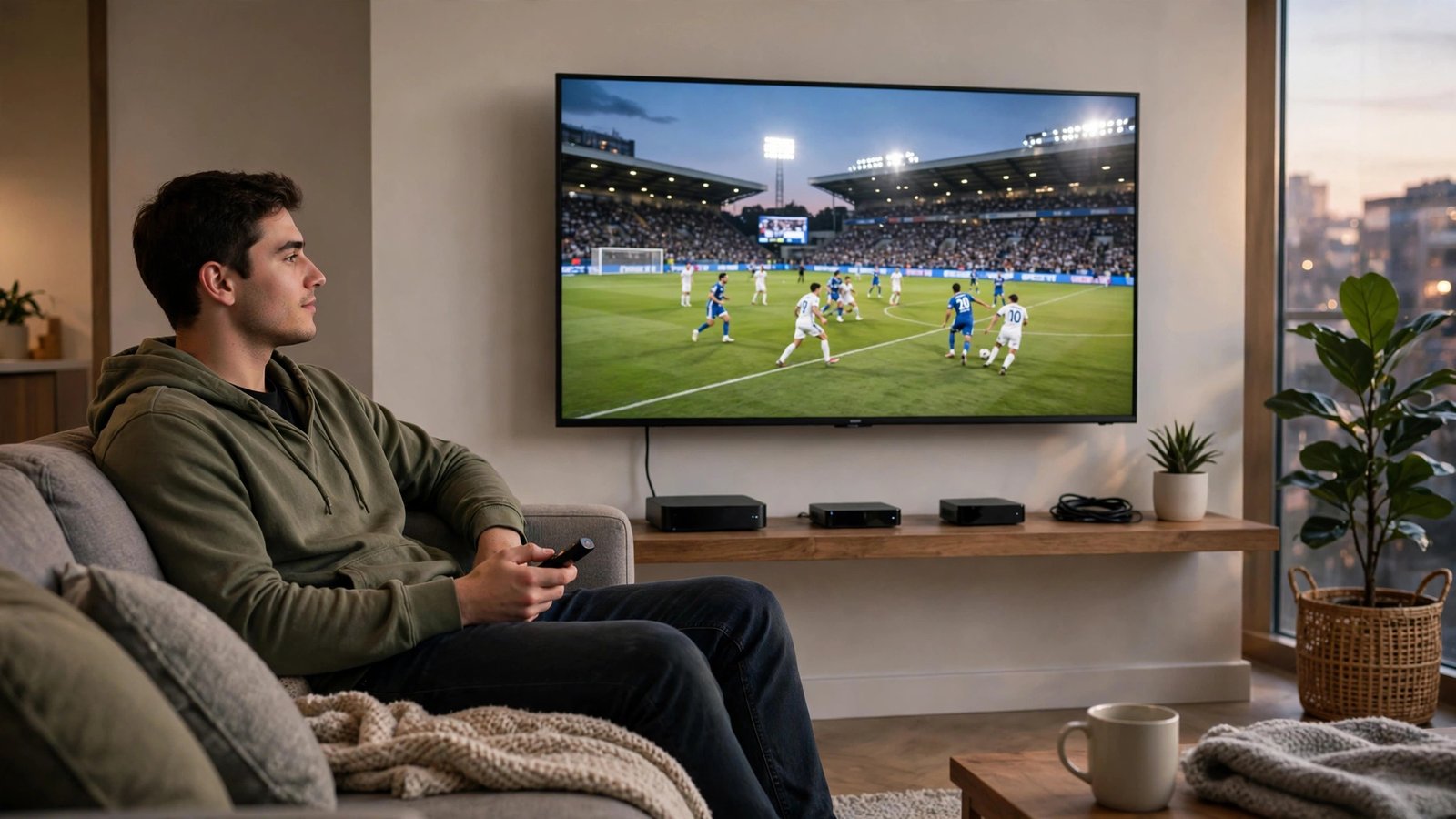 A young man relaxing on a couch holding a streaming remote, a TV showing a live sports game in a modern apartment living room