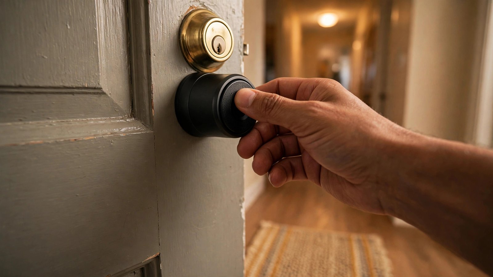 Close-up of a modern retrofit smart lock on the interior side of an apartment door deadbolt, a hand turning the dial in a warm entryway