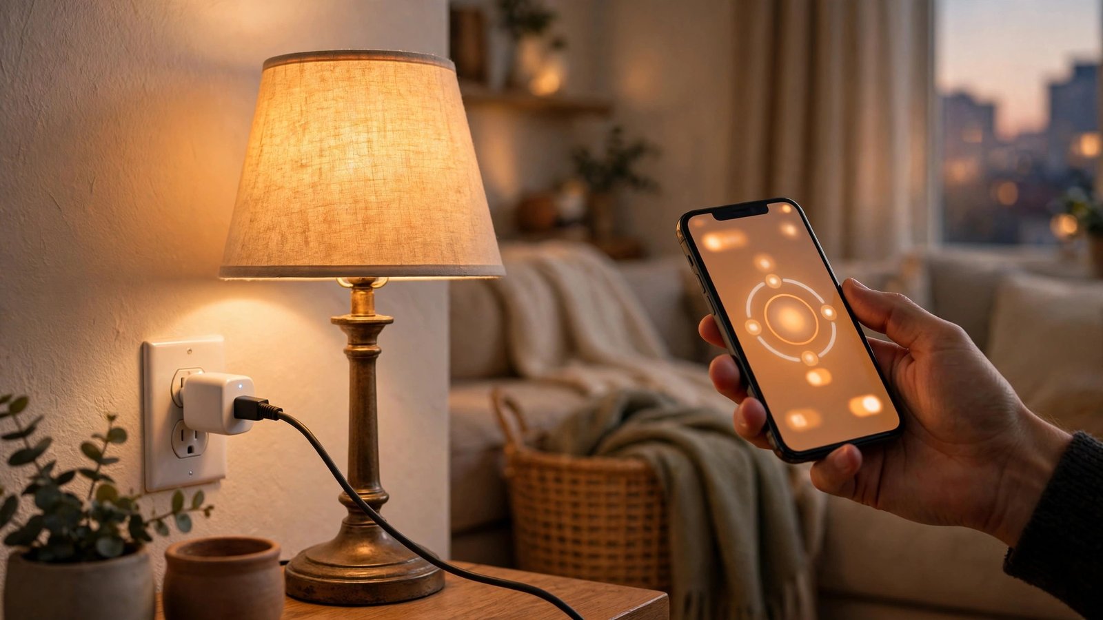 A small white smart plug in a wall outlet with a table lamp glowing warmly, a hand holding a smartphone nearby in a cozy apartment living room