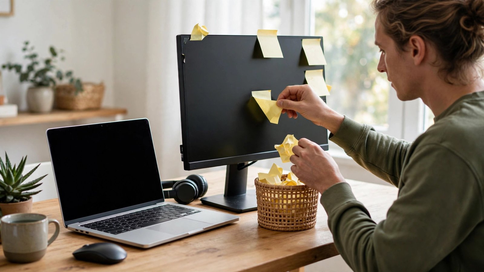 Person peeling sticky notes off a computer monitor and dropping them into a trash bin beside a laptop on a wooden desk