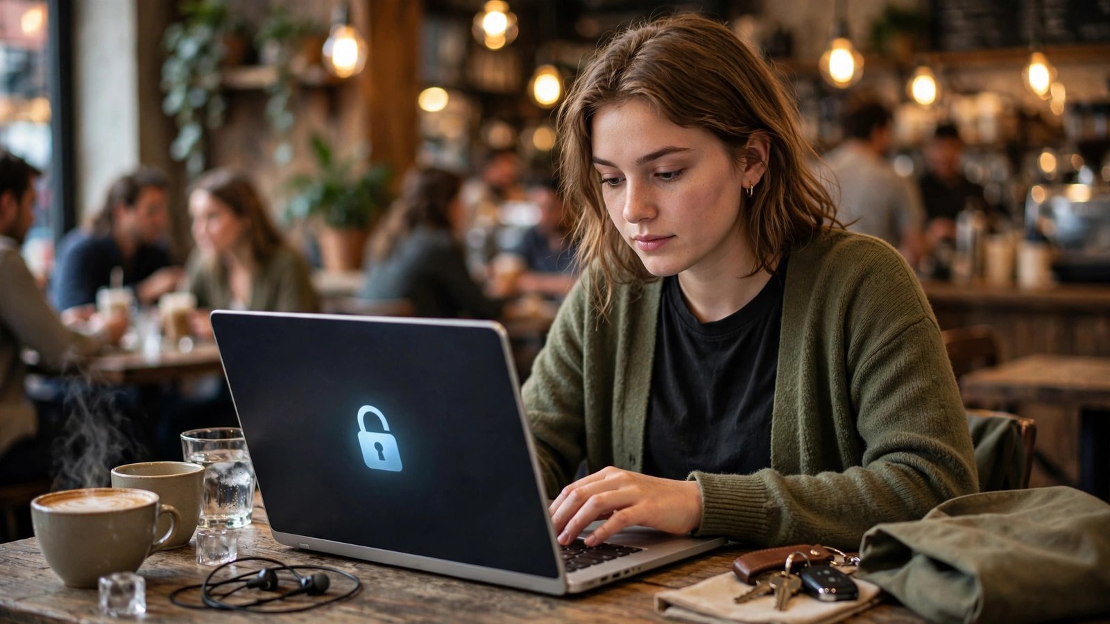 Woman working on a laptop at a busy coffee shop with a padlock symbol on screen suggesting VPN protection, blurred strangers nearby