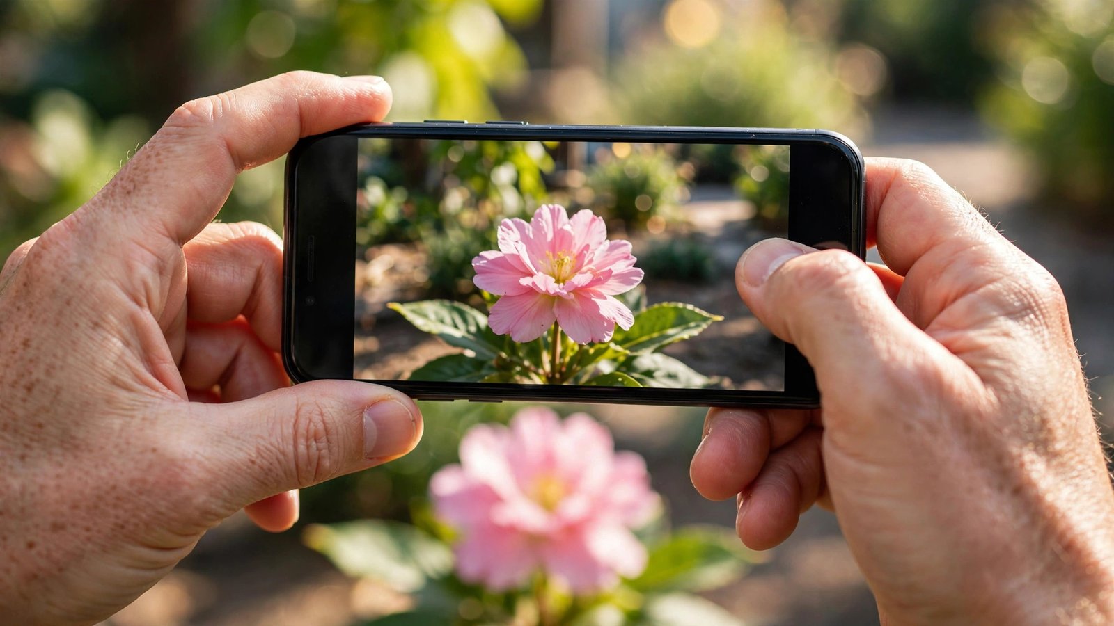 Close-up of hands holding a smartphone photographing a blooming pink flower in a sunlit garden