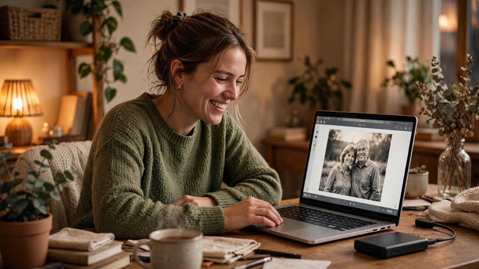 Person restoring a cherished photo from a cloud backup on a laptop, relieved, with an external hard drive beside it