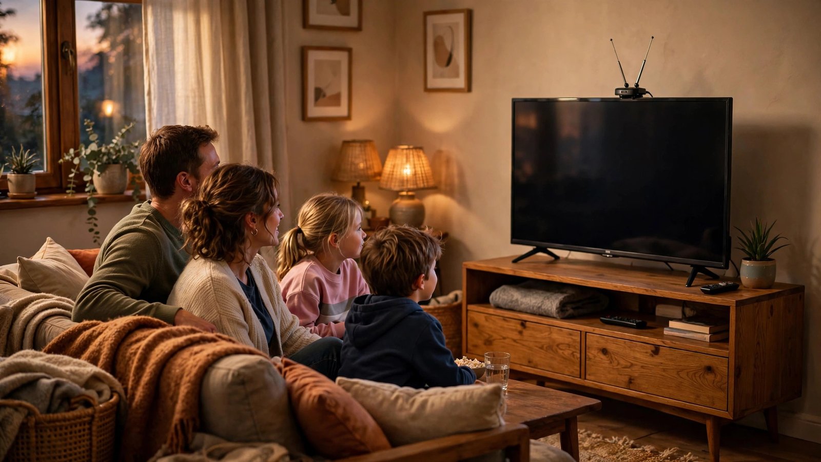 A cozy living room with a flat-screen TV on a wooden stand, a small indoor antenna perched on top, and a family watching together in warm evening light
