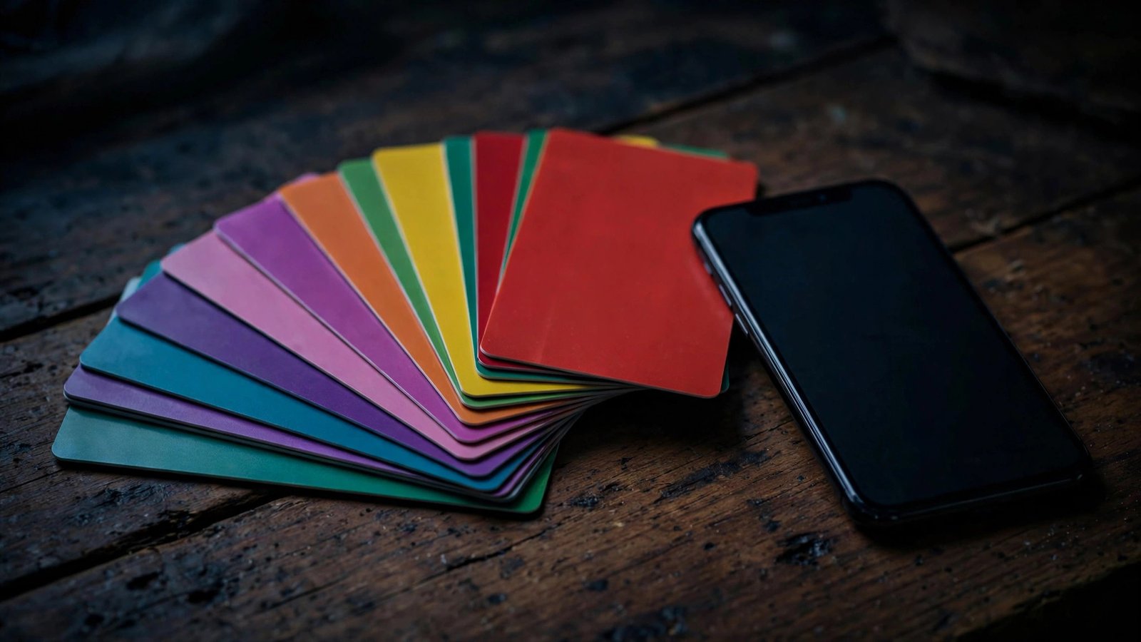 A fanned-out stack of colorful gift cards next to a smartphone on a wooden desk in dim moody lighting