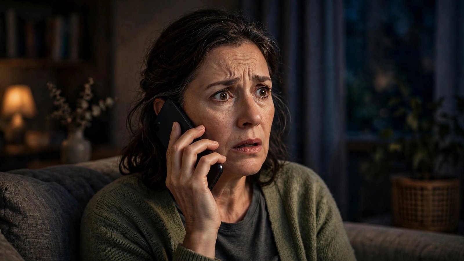 A worried middle-aged woman holding a smartphone to her ear, looking alarmed, in a dimly lit living room at night