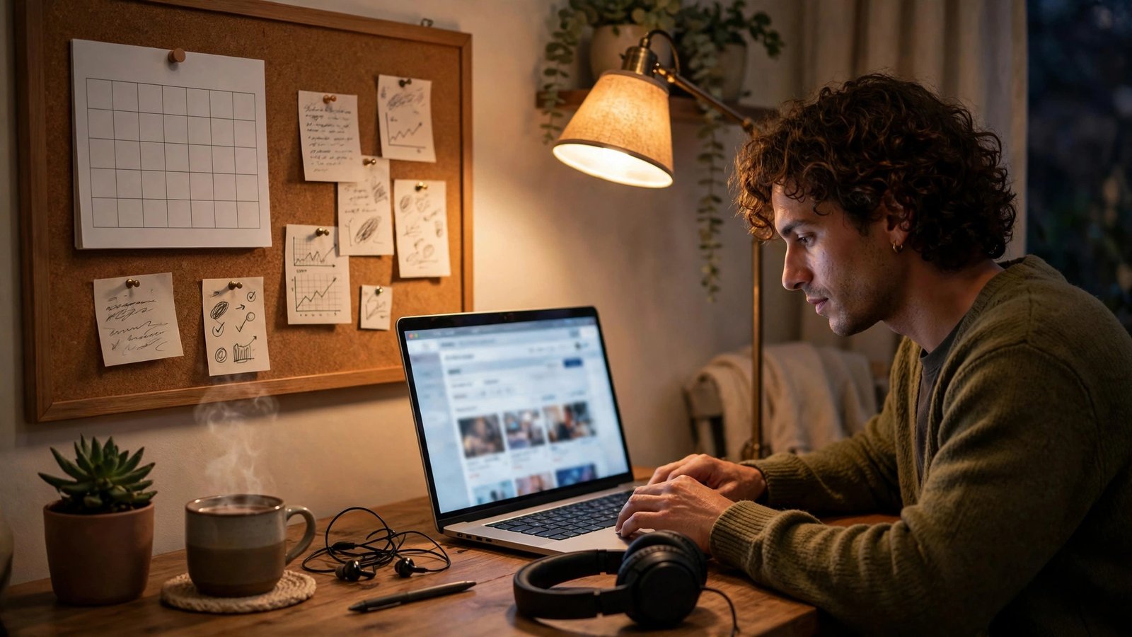 Person shopping for refurbished tech on a laptop at a cozy desk with a wall calendar and price comparison notes nearby