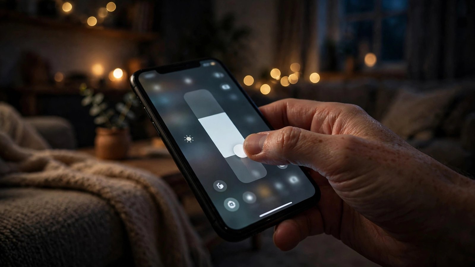 Hand lowering the screen brightness slider on a smartphone in a dimly lit room