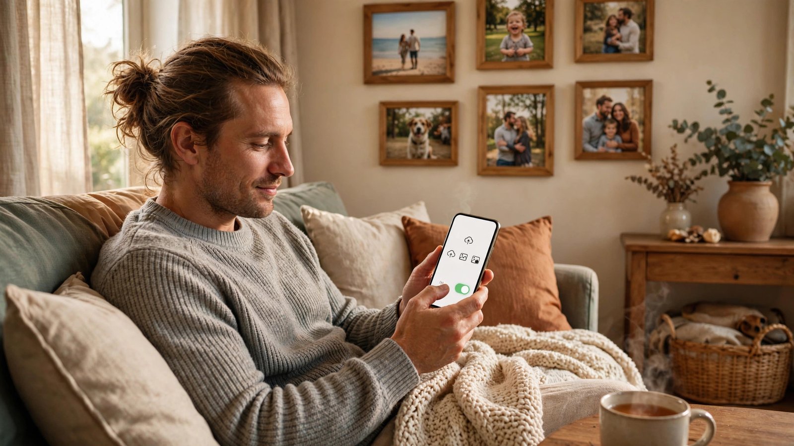 Person enabling automatic photo backup on a smartphone while relaxing on a couch at home, framed family photos on the wall behind