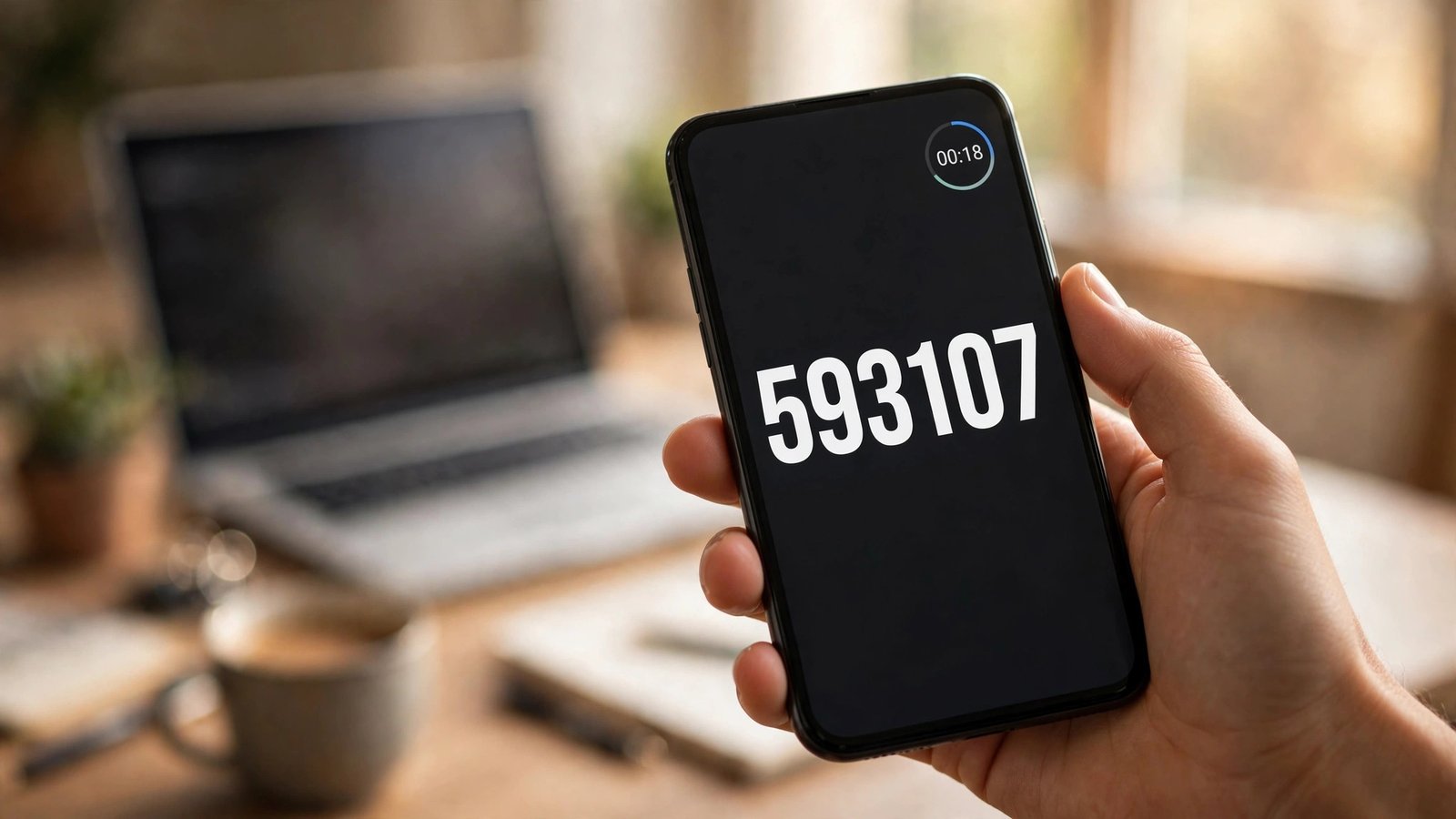 Hand holding a smartphone showing an authenticator app with a verification code at a home office desk, laptop blurred in background