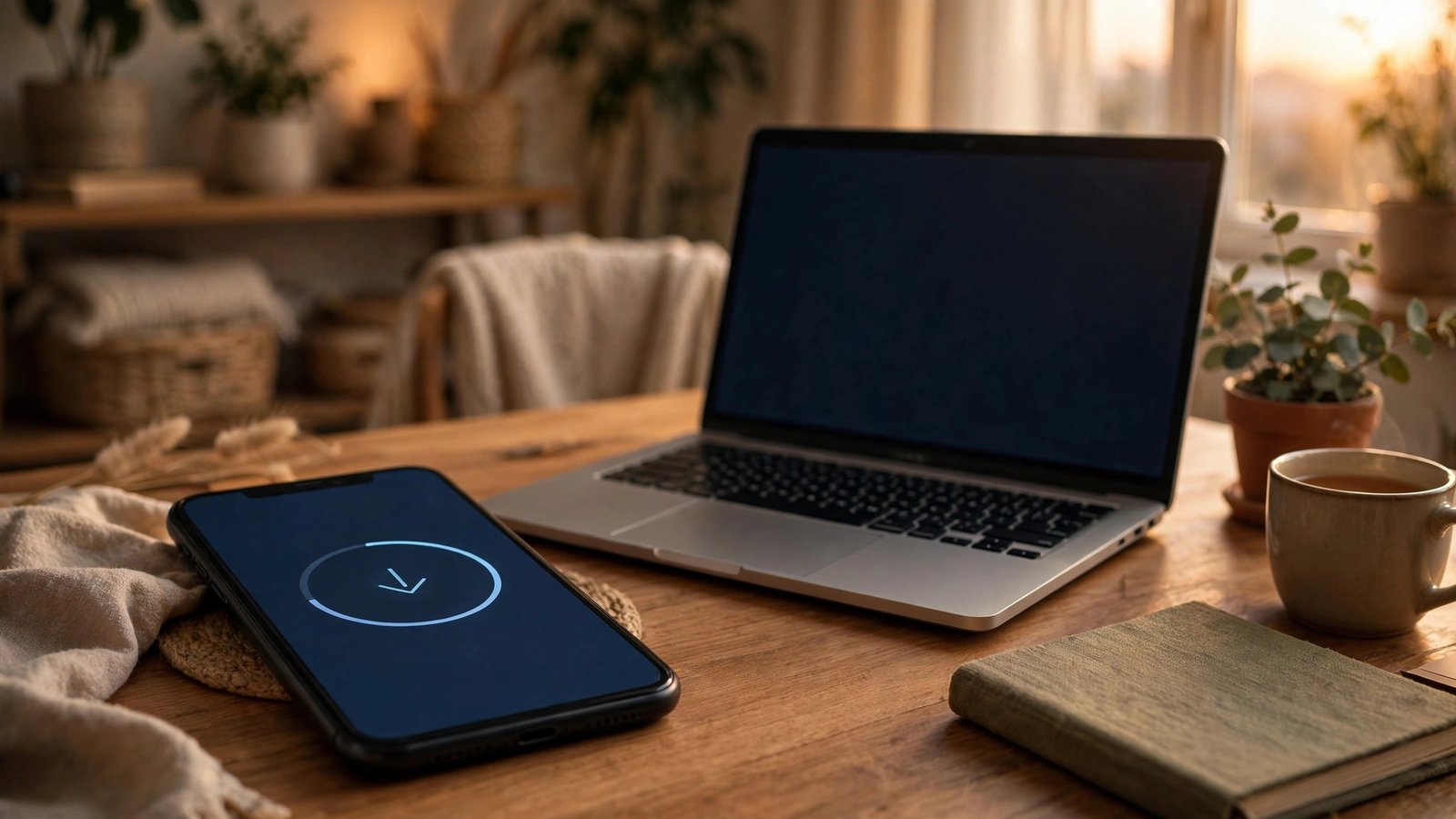 Smartphone installing a software update on a home office desk in warm evening light