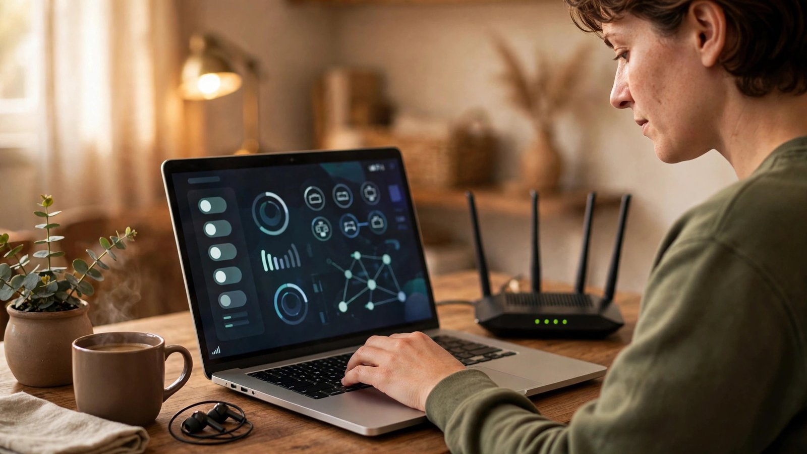 Person typing on a laptop at a home desk with a WiFi router beside it, reviewing router settings in a warm home office