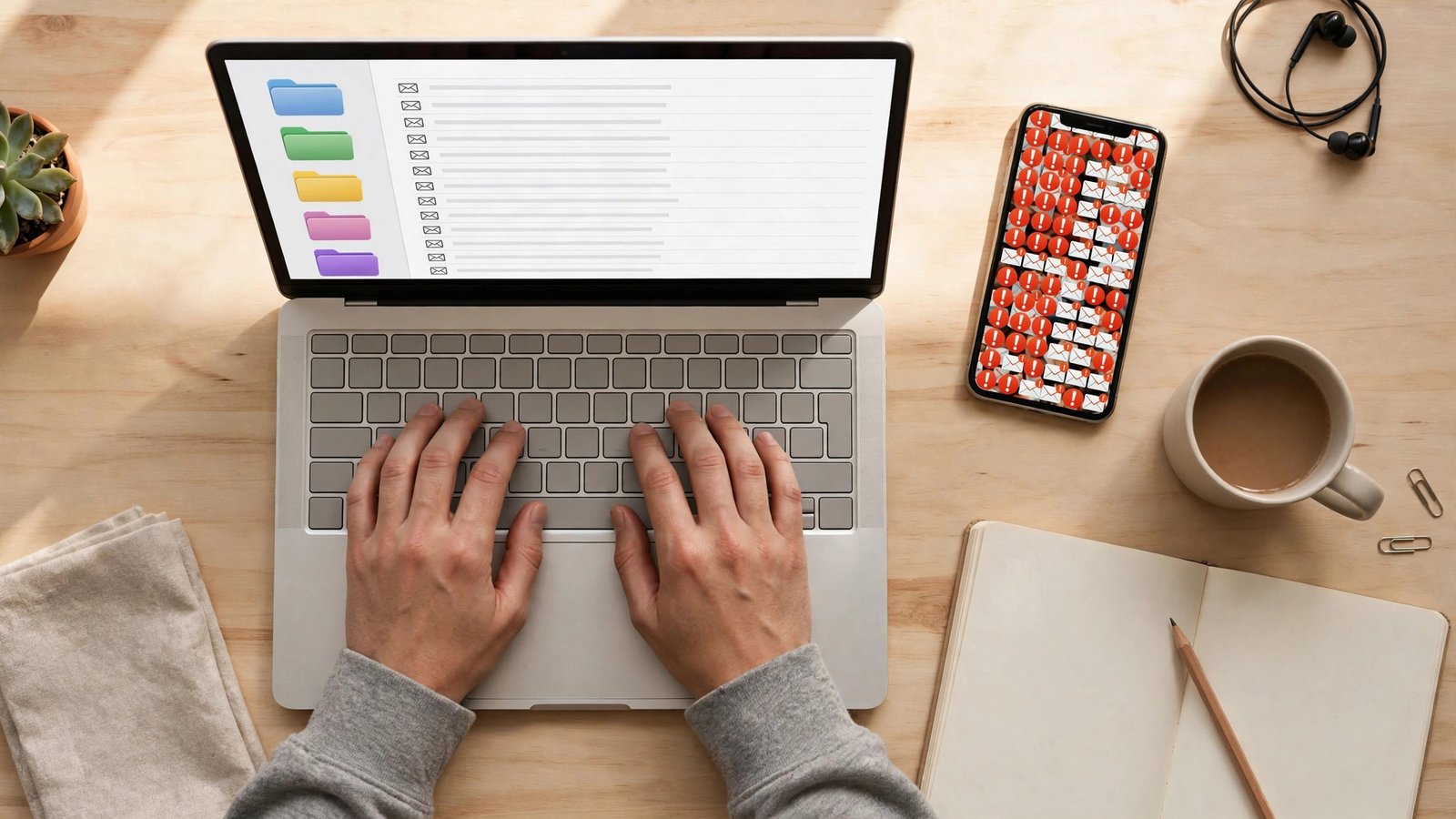 Overhead view of a tidy desk with a person typing on a laptop showing a clean organized inbox beside a spam-filled phone inbox