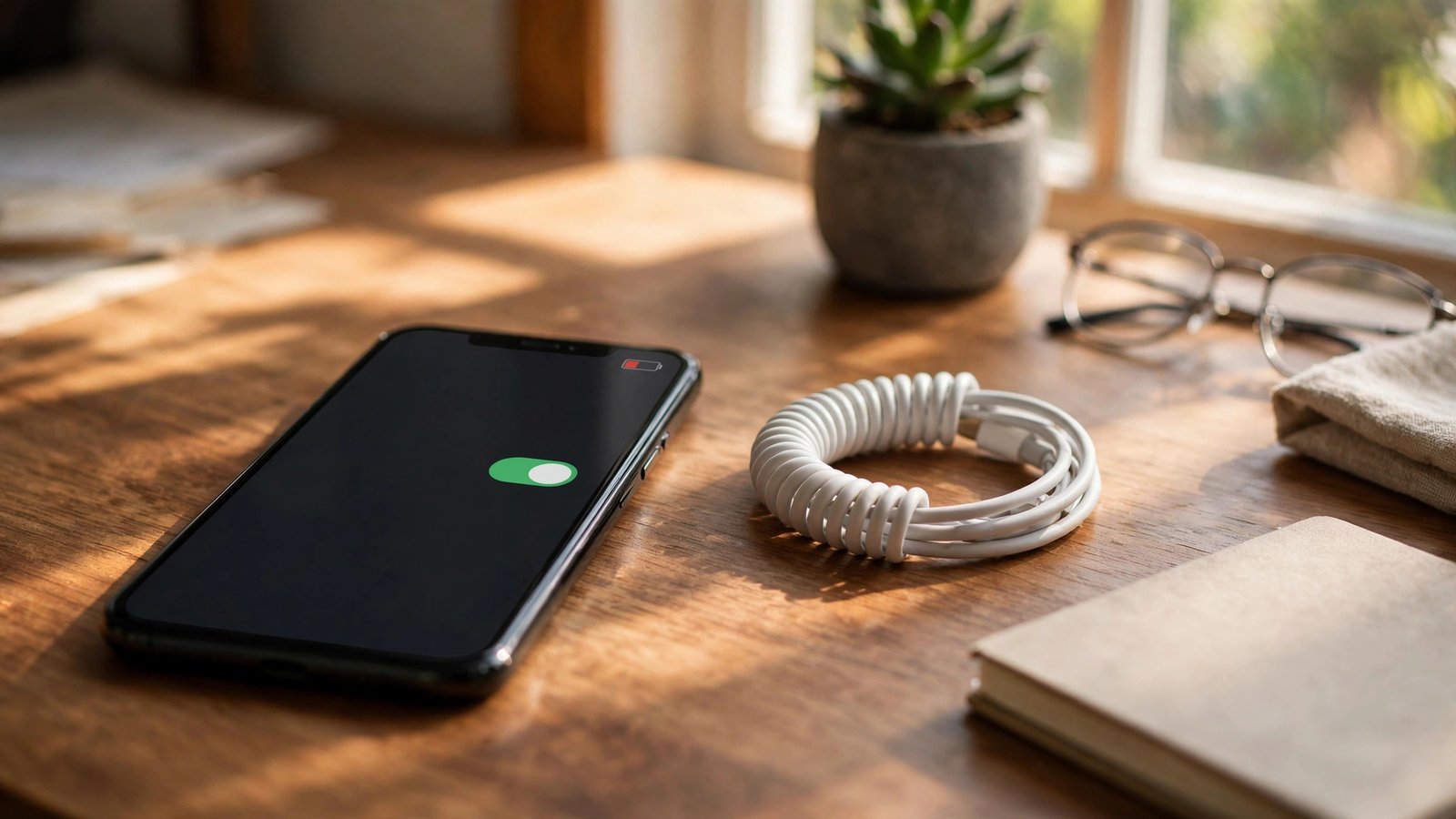 Smartphone with a low battery warning and battery saver mode toggle switched on