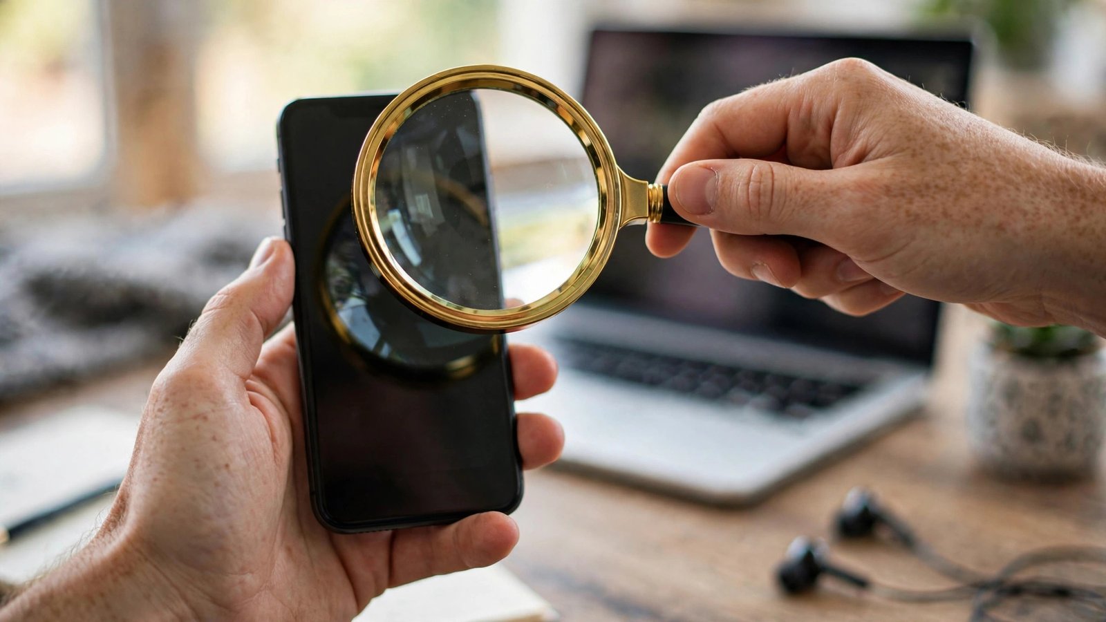 Close-up of hands holding a smartphone with a magnifying glass over it, checking device authenticity details