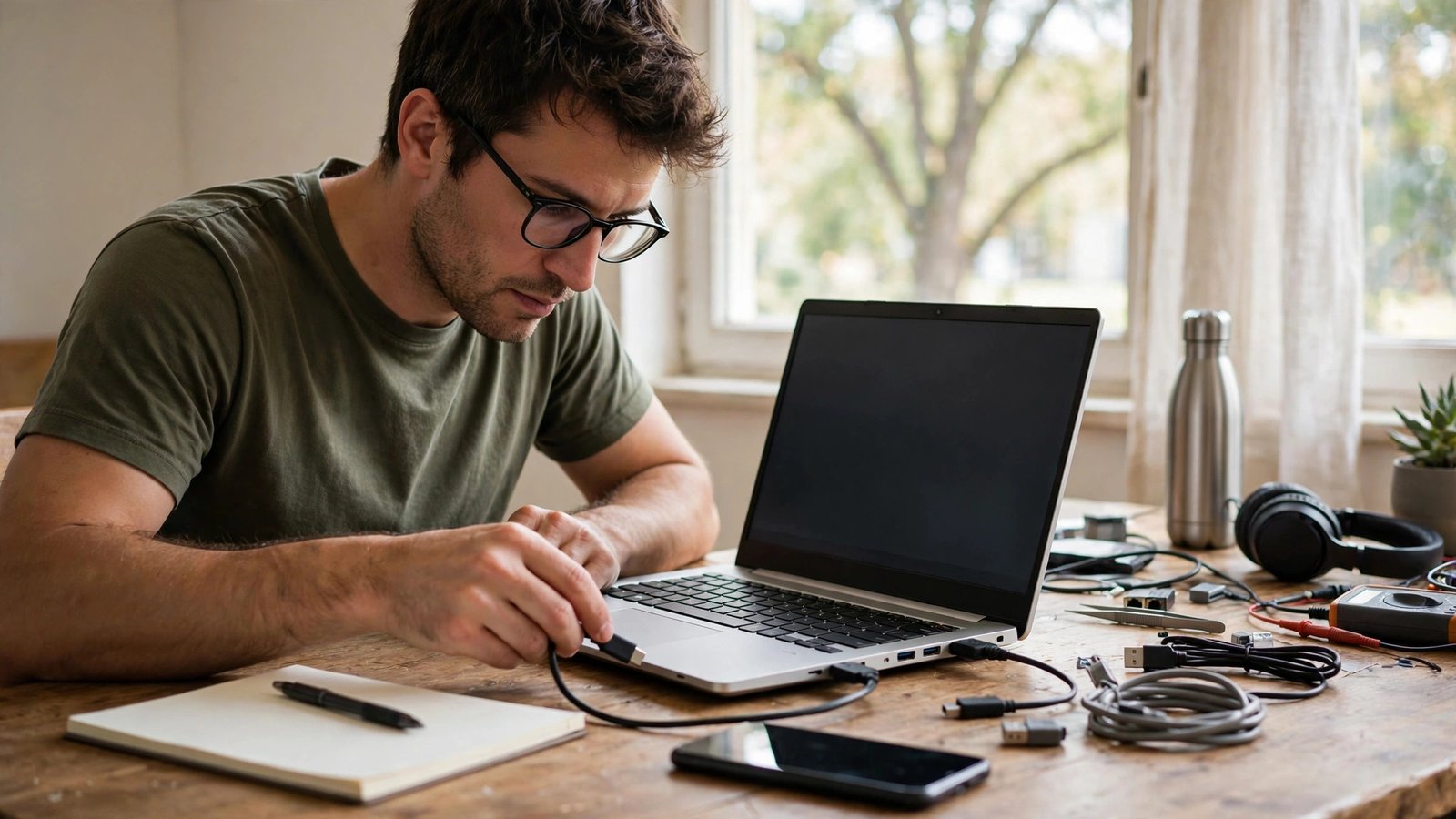Person thoroughly testing a refurbished laptop at a desk, plugging cables into its ports, with a smartphone and notepad nearby