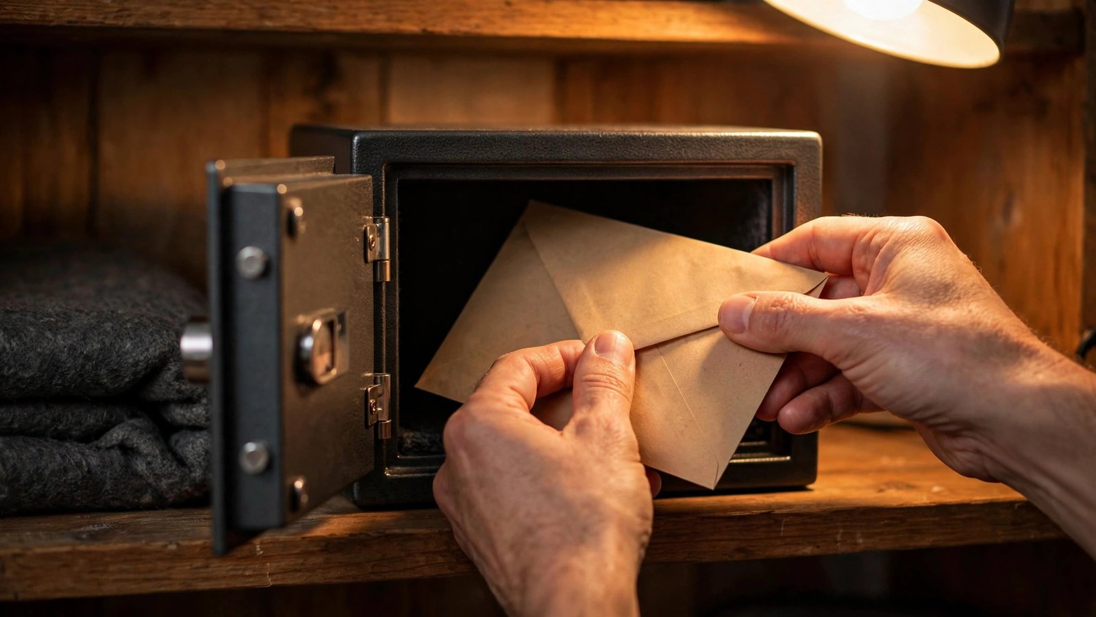 Hands sealing a plain paper envelope and placing it inside a small open home safe in warm lamplight