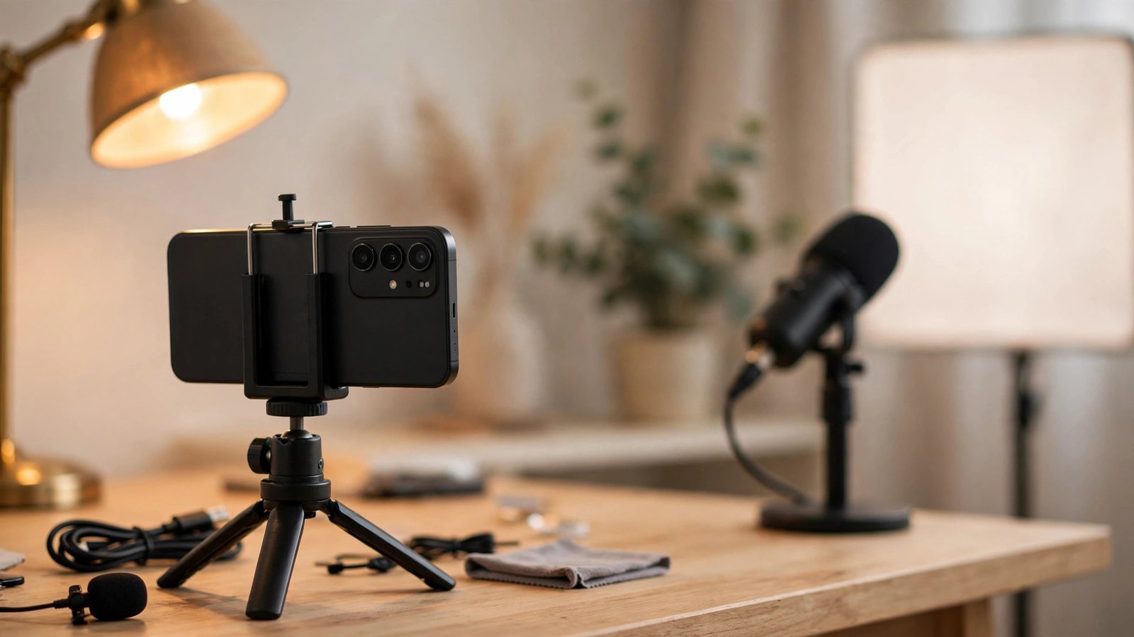 A smartphone mounted on a small tripod filming a home video setup, rear camera lens visible, warm lamplight