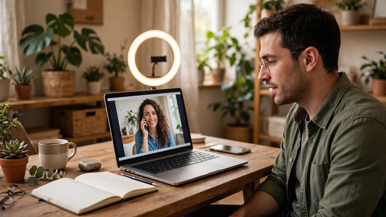 Small business owner on a video call with a client, laptop on desk with ring light, warm professional home office background with a plant
